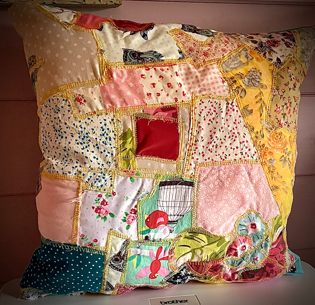 Funky Scrap Fabric Cushion – Bright Patchwork Design with Plain Blue Back - Cosy creations 24