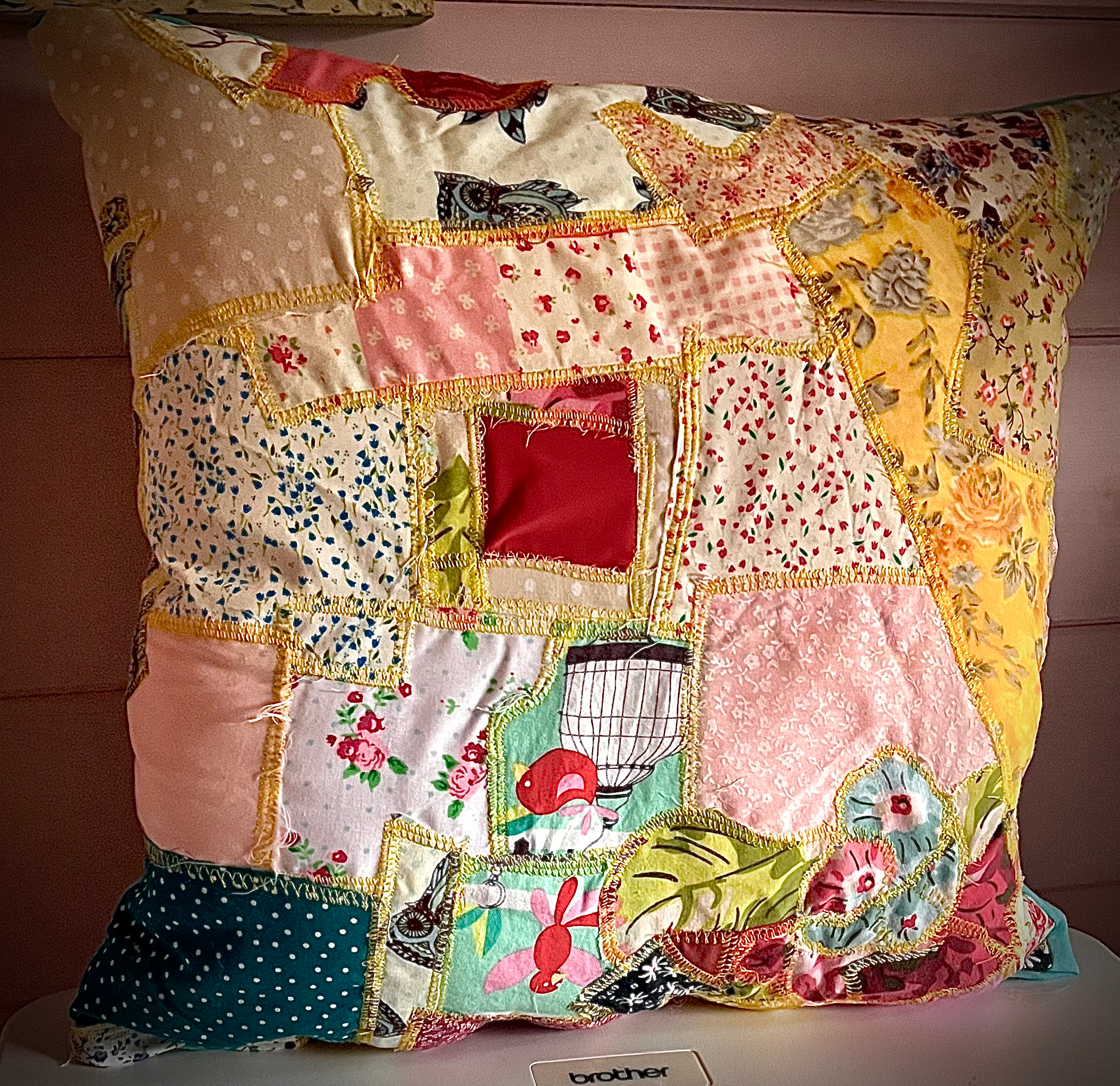 Funky Scrap Fabric Cushion – Bright Patchwork Design with Plain Blue Back - Cosy creations 24