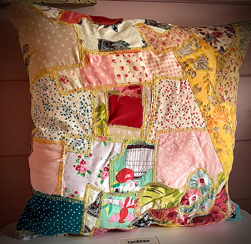 Funky Scrap Fabric Cushion – Bright Patchwork Design with Plain Blue Back - Cosy creations 24