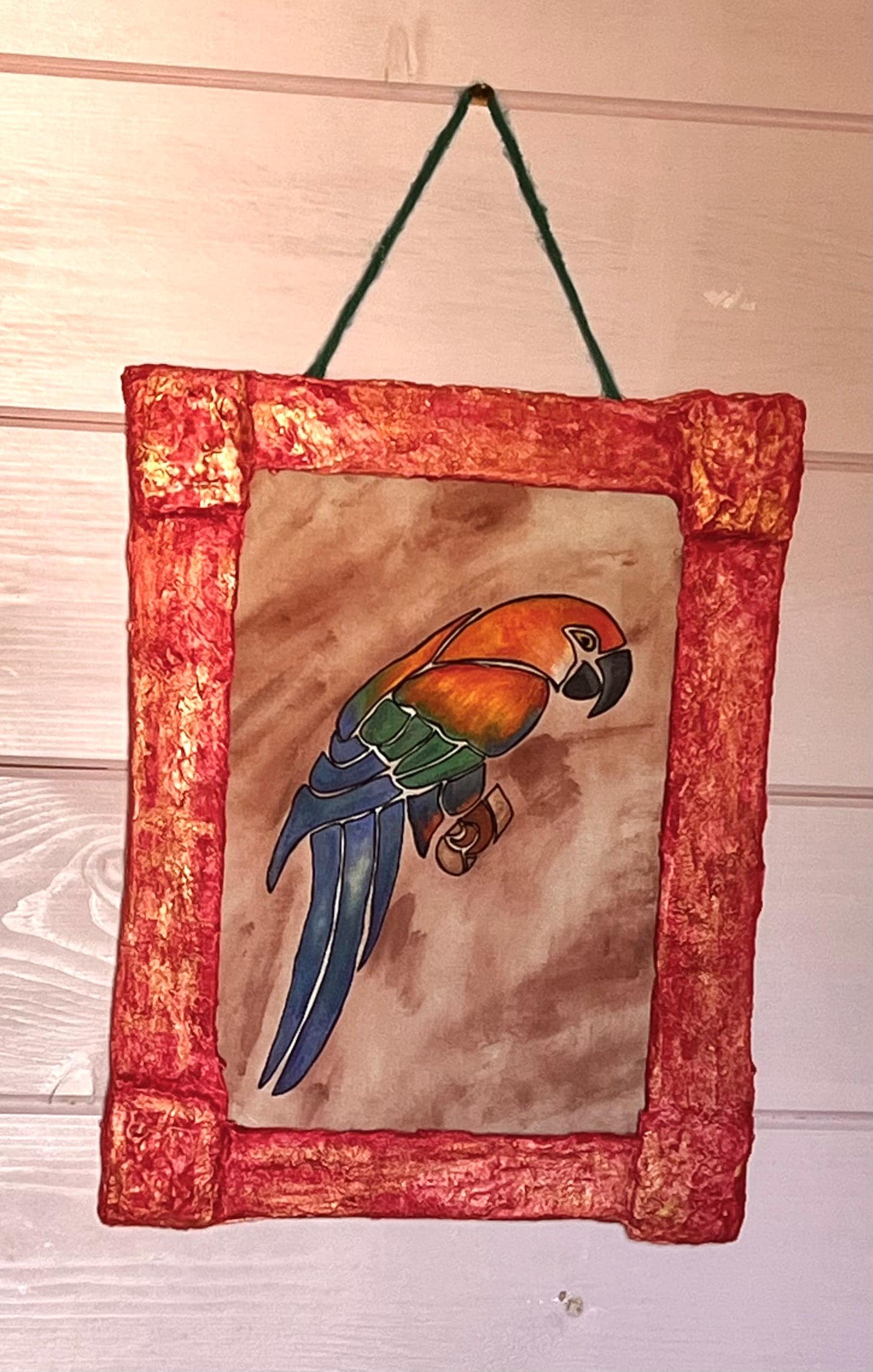 Hand - Painted Parrot on Fabric | Vintage - Style Upcycled Frame | Eco Wall Art decor - cosy creations 24