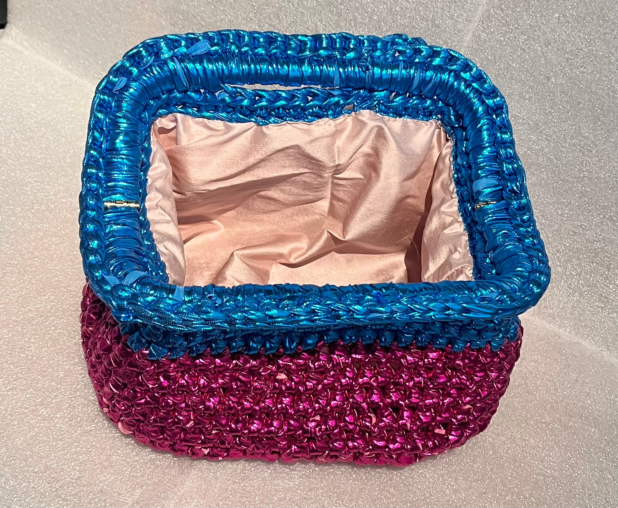 Handmade Pink & Blue Metallic Crochet Clutch Bag – T-Shirt Yarn Occasion Purse