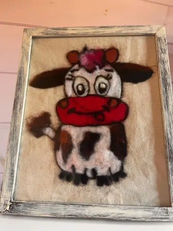 Cute Needle Felted Cow in Upcycled Frame | Handmade Wool Farmhouse Wall Art decor - cosy creations 24