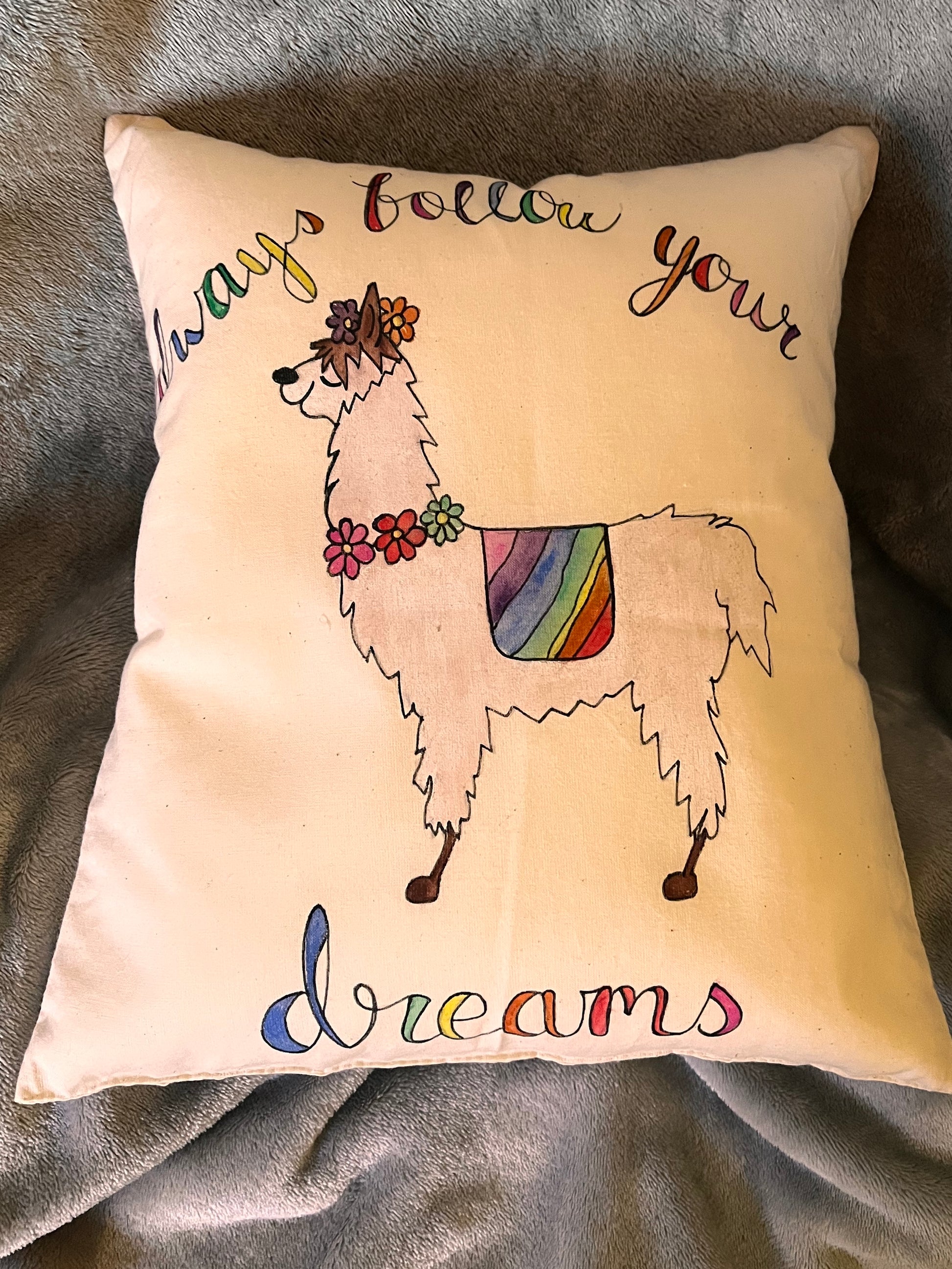 Hand - Painted Llama Cushion – Always Follow Your Dreams | Unique Handmade Gift & Whimsical Home Décor - cosy creations 24