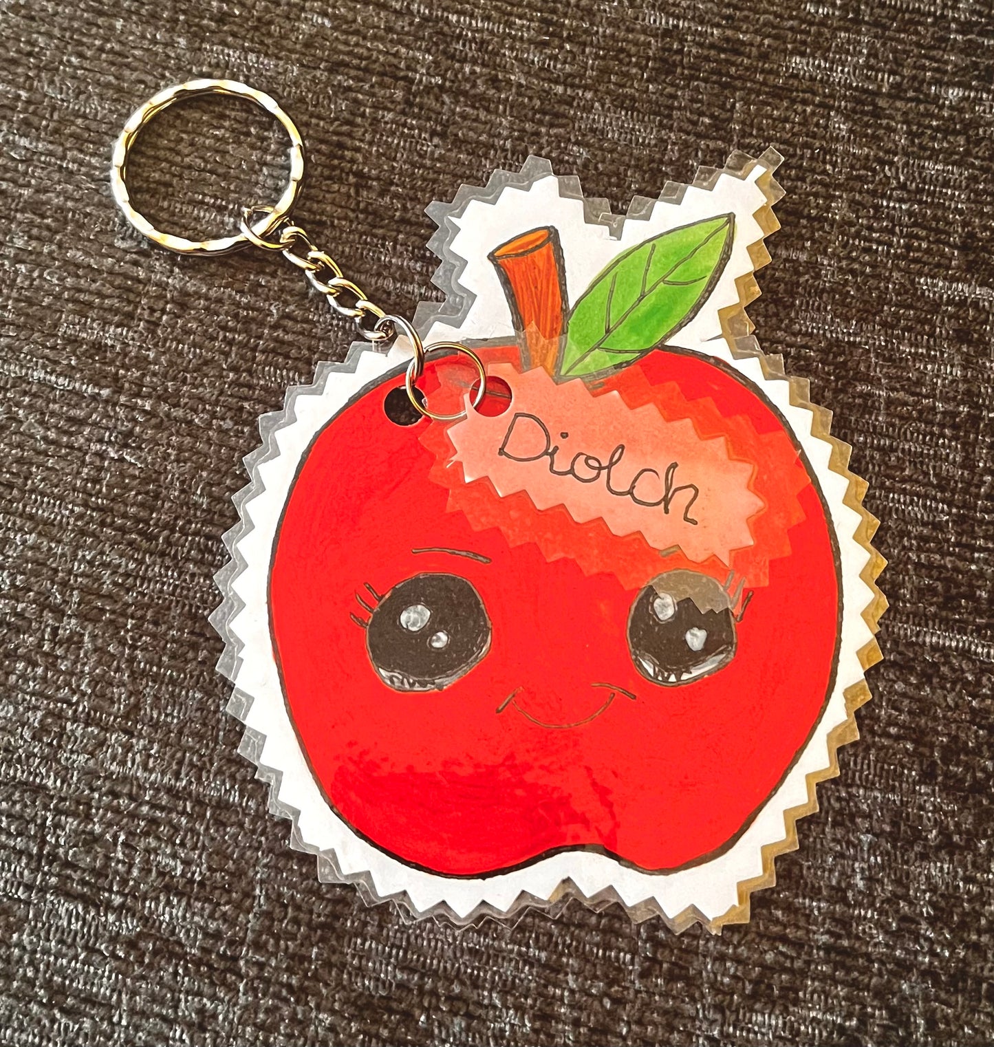 Handmade Laminated Apple little Keyring – Perfect Teacher Gift, Diolch Welsh Teacher Keychain