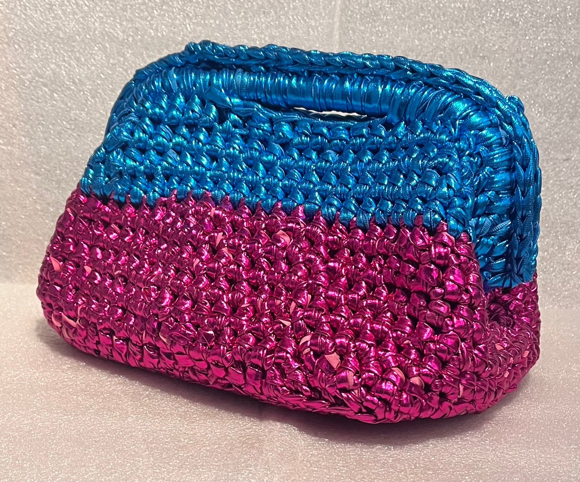 Handmade Pink & Blue Metallic Crochet Clutch Bag – T-Shirt Yarn Occasion Purse