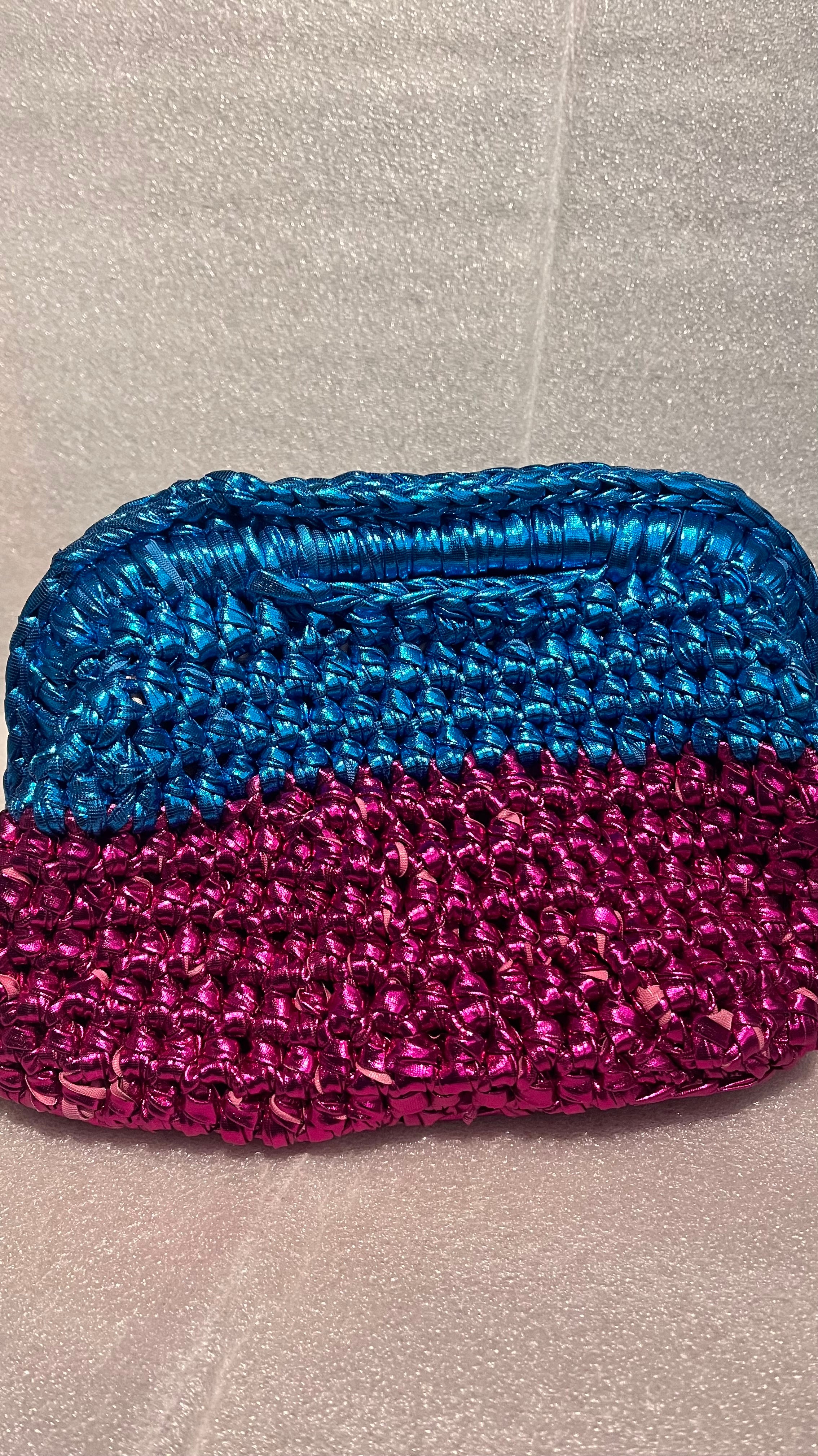 Handmade Pink & Blue Metallic Crochet Clutch Bag – T-Shirt Yarn Occasion Purse