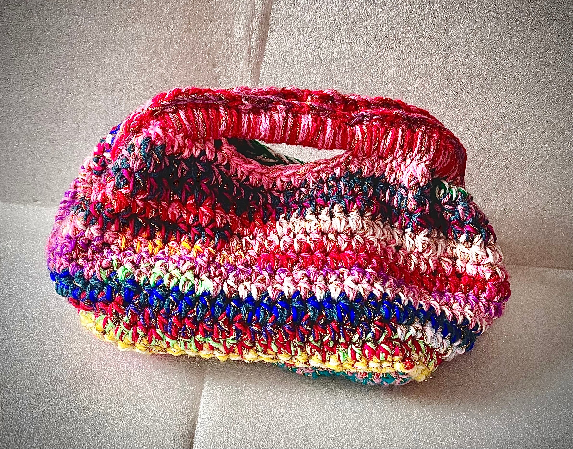 Golden Mosaic Crochet Clutch Bag – Handmade Multicoloured Evening Purse