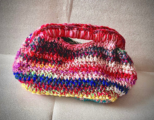 Golden Mosaic Crochet Clutch Bag – Handmade Multicoloured Evening Purse