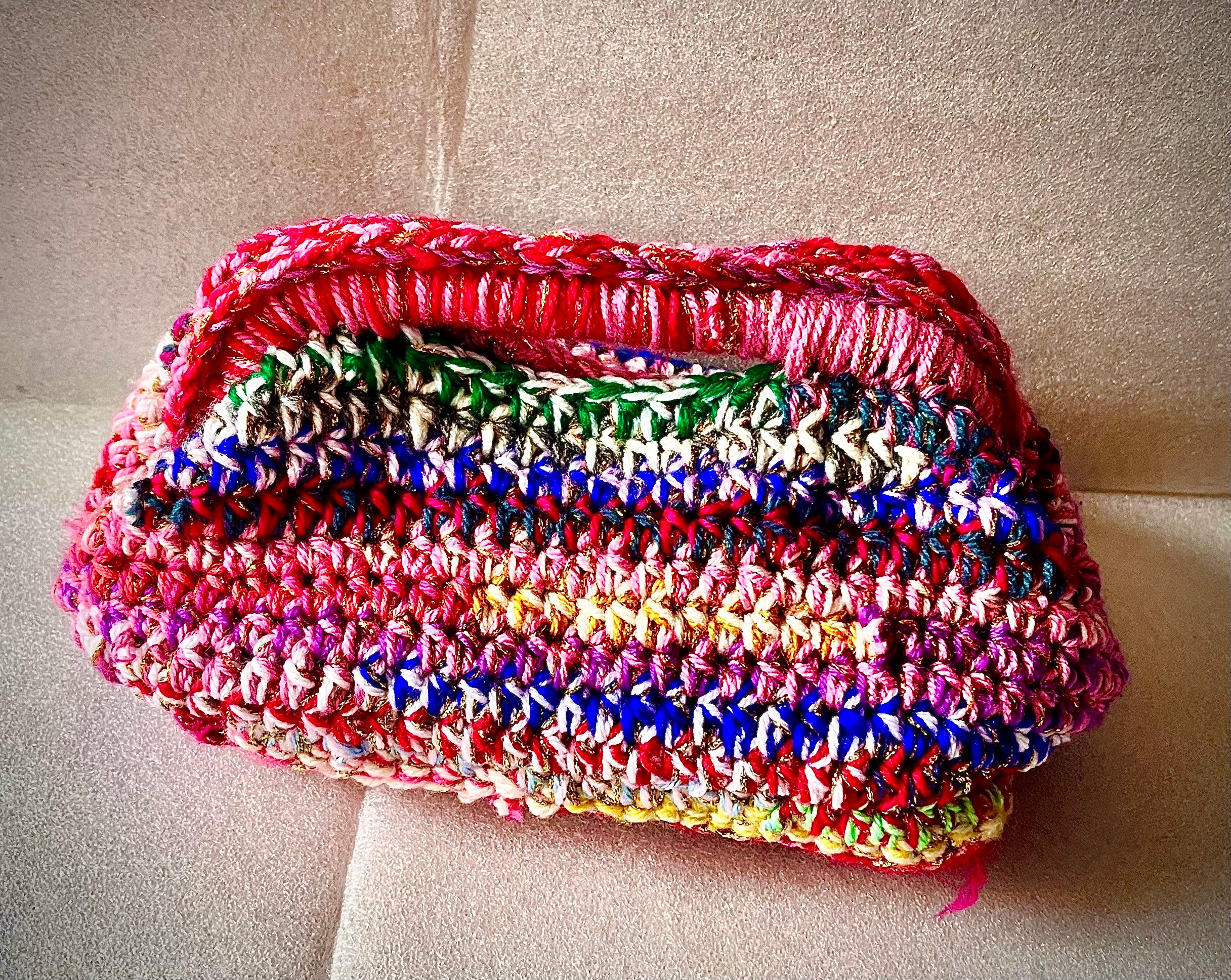 Golden Mosaic Crochet Clutch Bag – Handmade Multicoloured Evening Purse