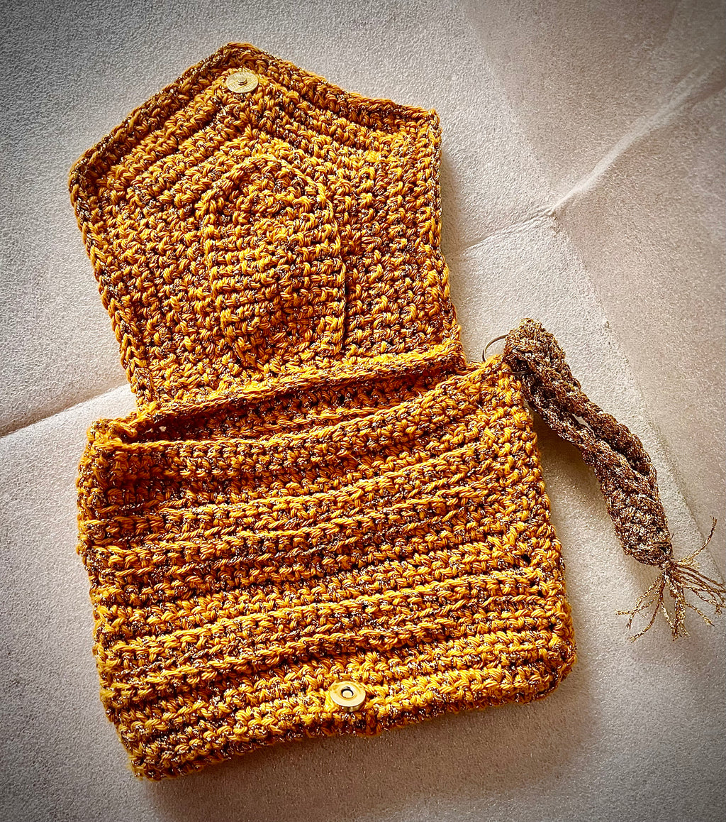 Mustard & Gold Crochet Wrist Purse – Handmade Small Clutch