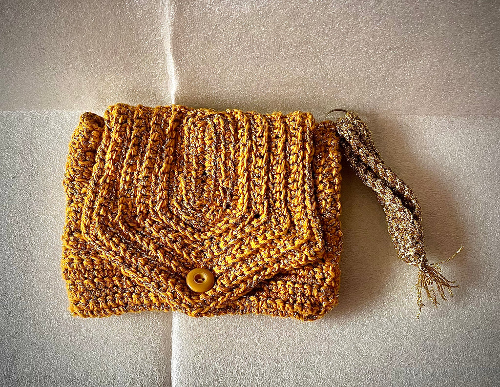 Mustard & Gold Crochet Wrist Purse – Handmade Small Clutch