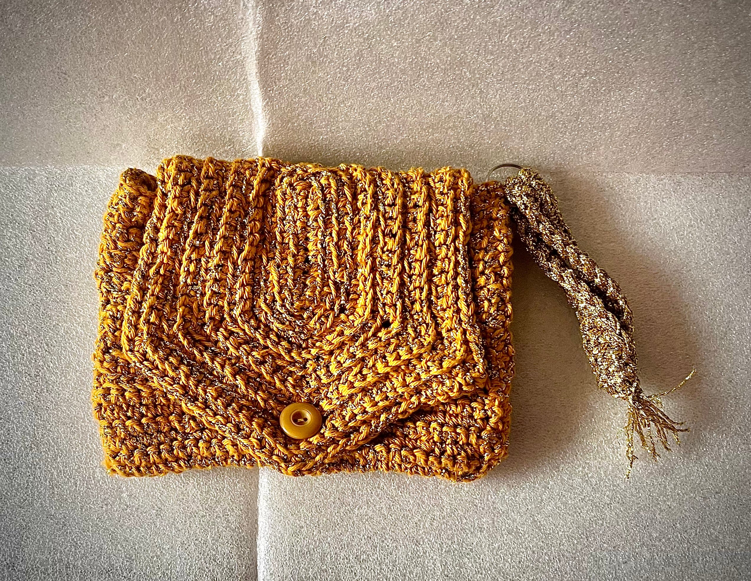 Mustard & Gold Crochet Wrist Purse – Handmade Small Clutch