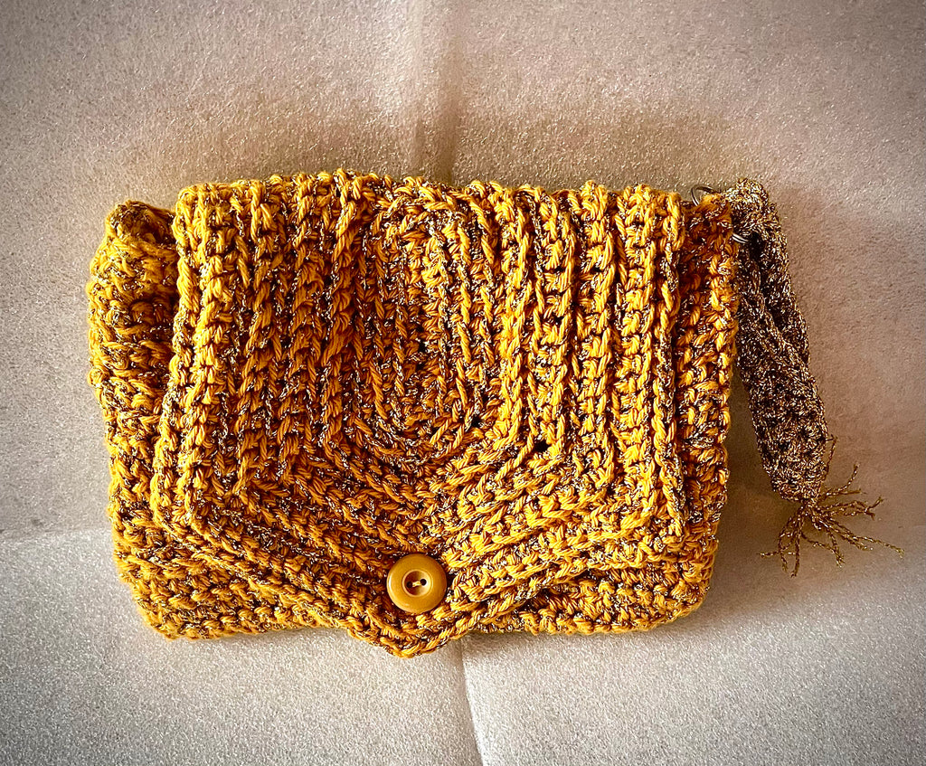 Mustard & Gold Crochet Wrist Purse – Handmade Small Clutch