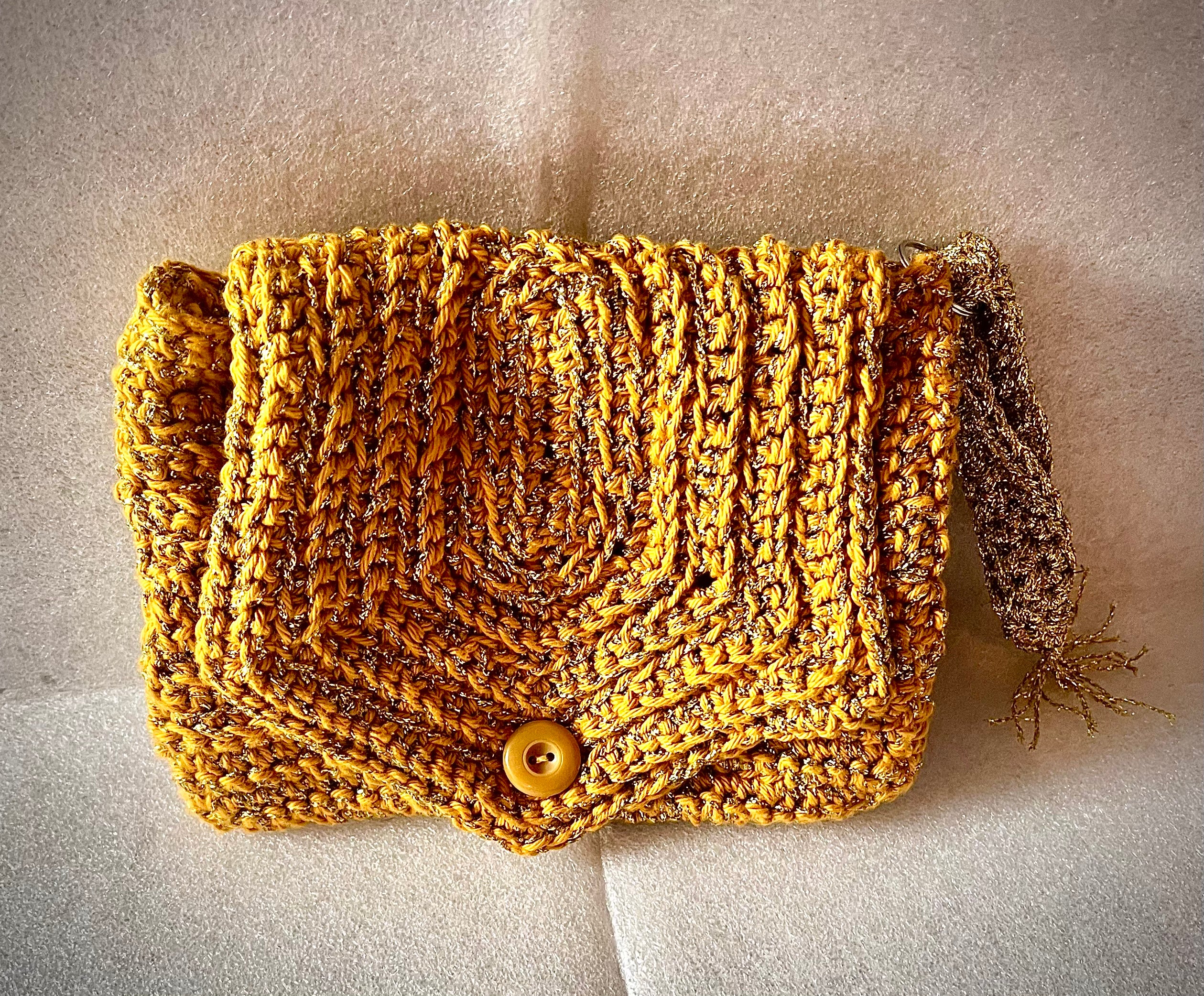 Mustard & Gold Crochet Wrist Purse – Handmade Small Clutch