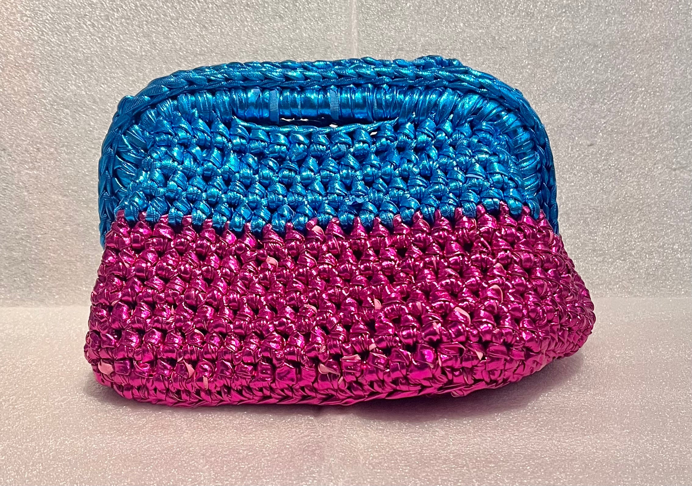 Handmade Pink & Blue Metallic Crochet Clutch Bag – T-Shirt Yarn Occasion Purse