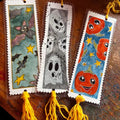 Set of 3 Hand-Painted Halloween Laminated Bookmarks – Bats, Pumpkins & Ghosts