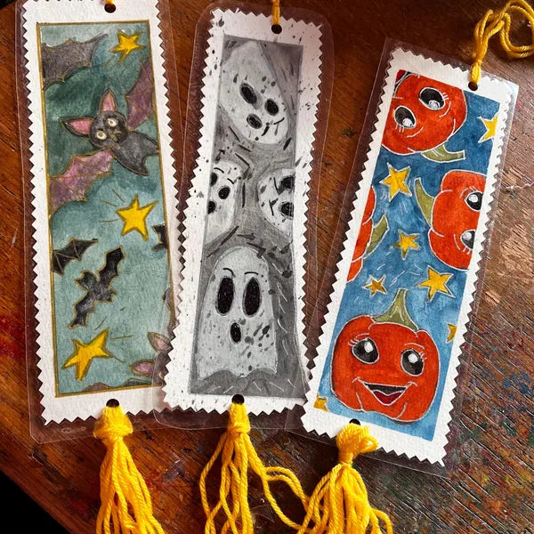 Set of 3 Hand-Painted Halloween Laminated Bookmarks – Bats, Pumpkins & Ghosts