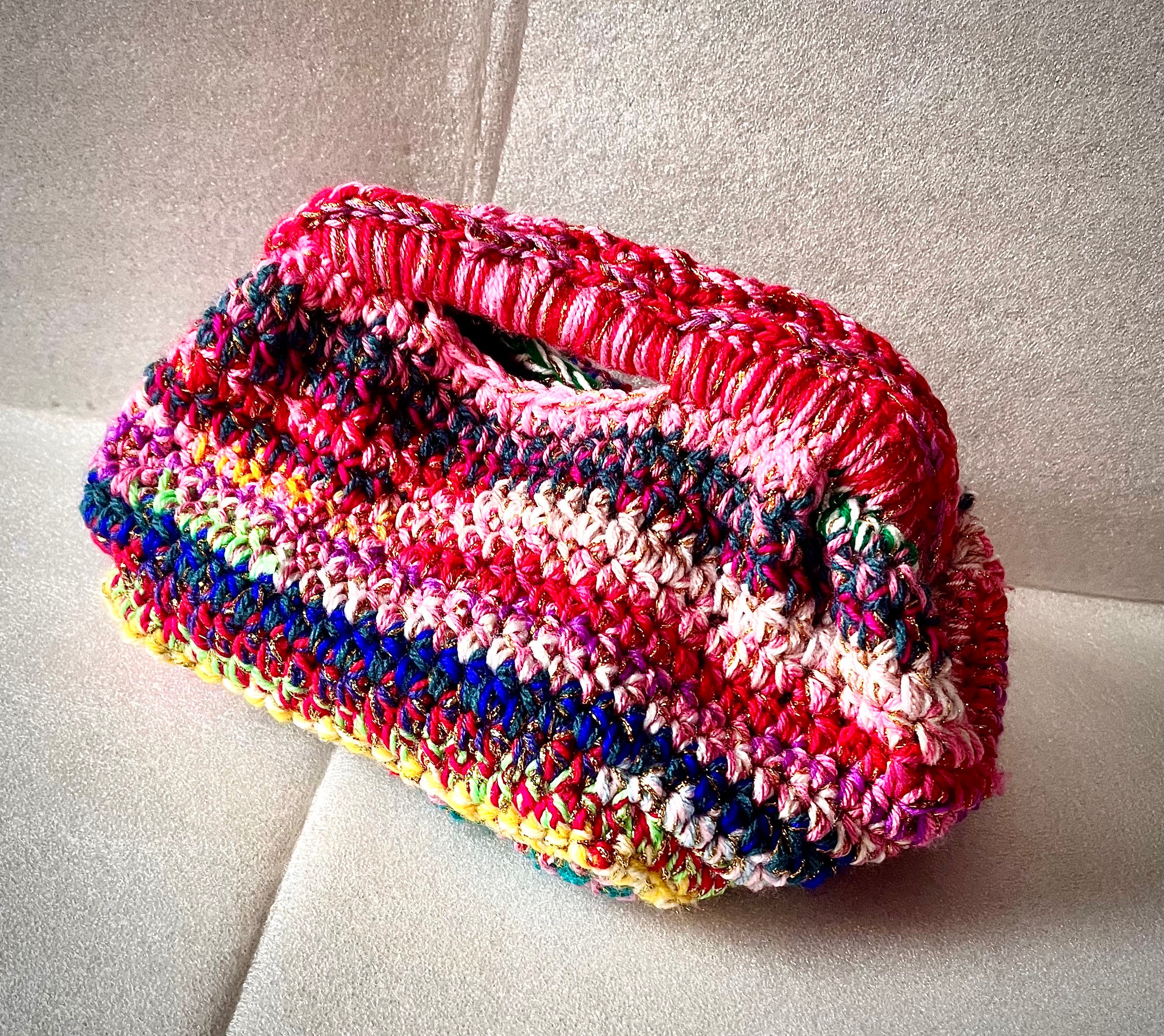 Golden Mosaic Crochet Clutch Bag – Handmade Multicoloured Evening Purse