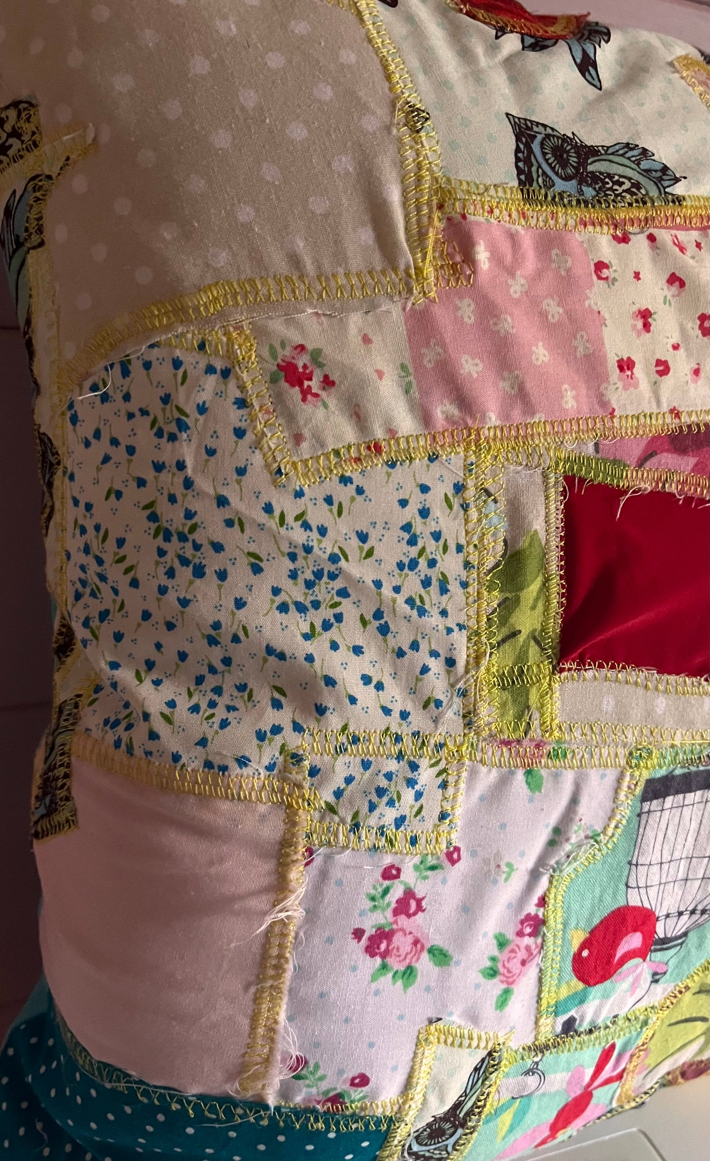 Funky Scrap Fabric Cushion – Bright Patchwork Design with Plain Blue Back