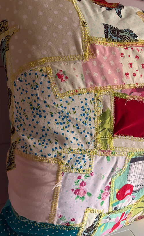 Funky Scrap Fabric Cushion – Bright Patchwork Design with Plain Blue Back - Cosy creations 24