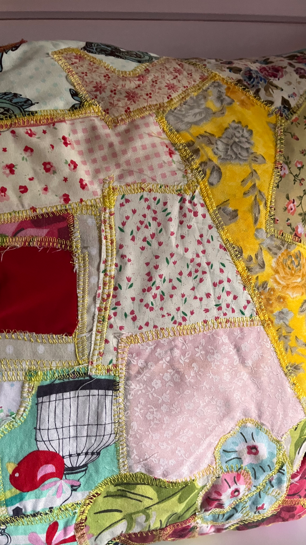 Funky Scrap Fabric Cushion – Bright Patchwork Design with Plain Blue Back - Cosy creations 24