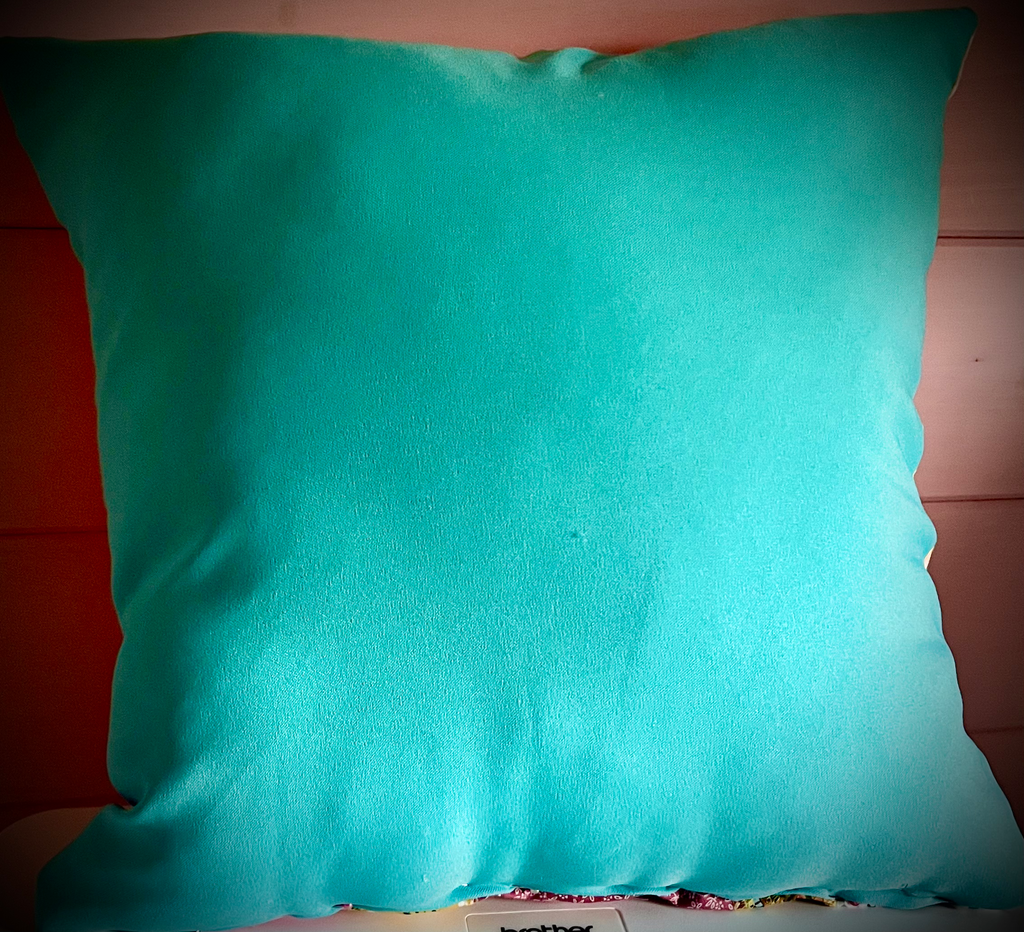 Funky Scrap Fabric Cushion – Bright Patchwork Design with Plain Blue Back - Cosy creations 24