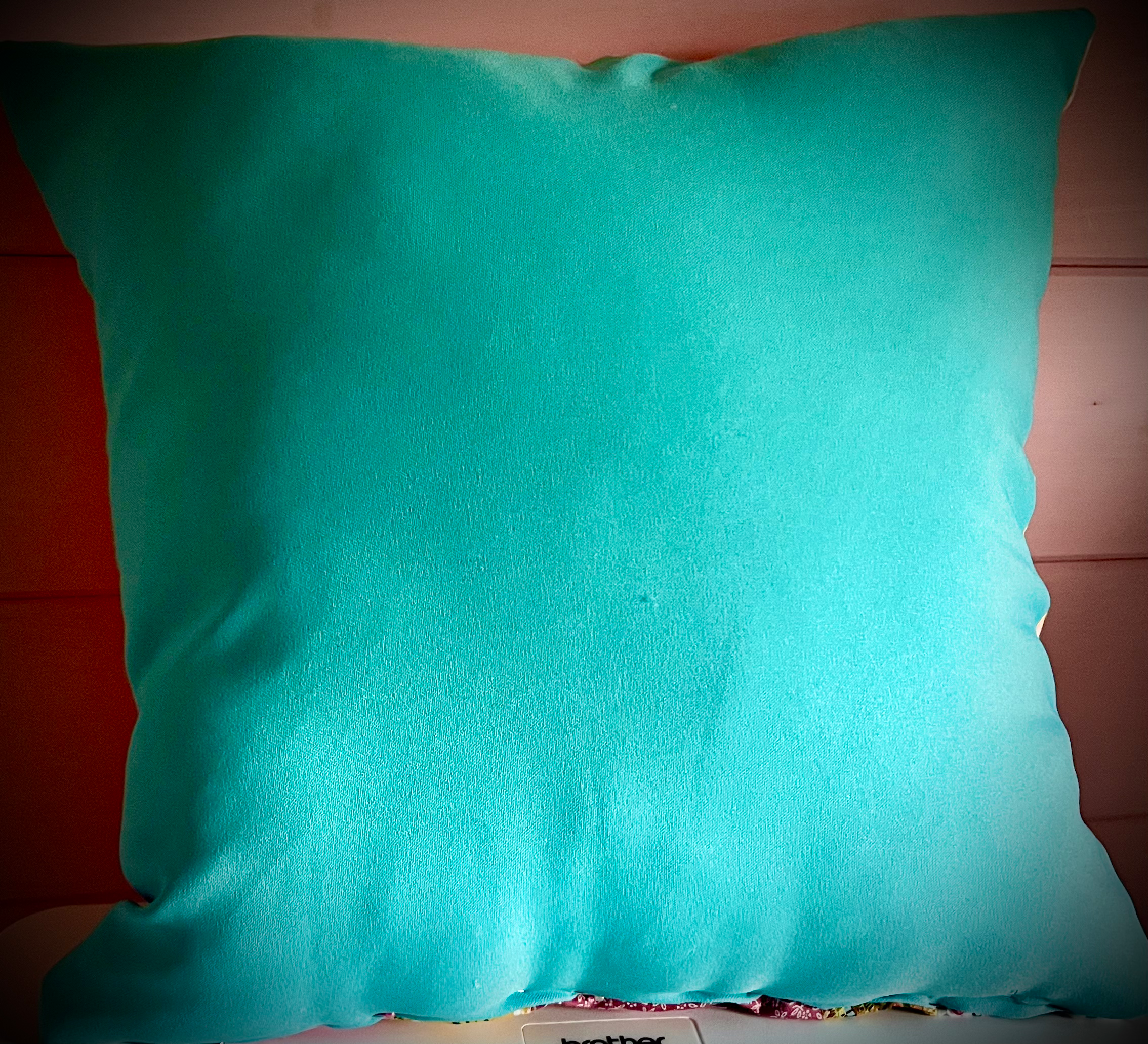 Funky Scrap Fabric Cushion – Bright Patchwork Design with Plain Blue Back - Cosy creations 24